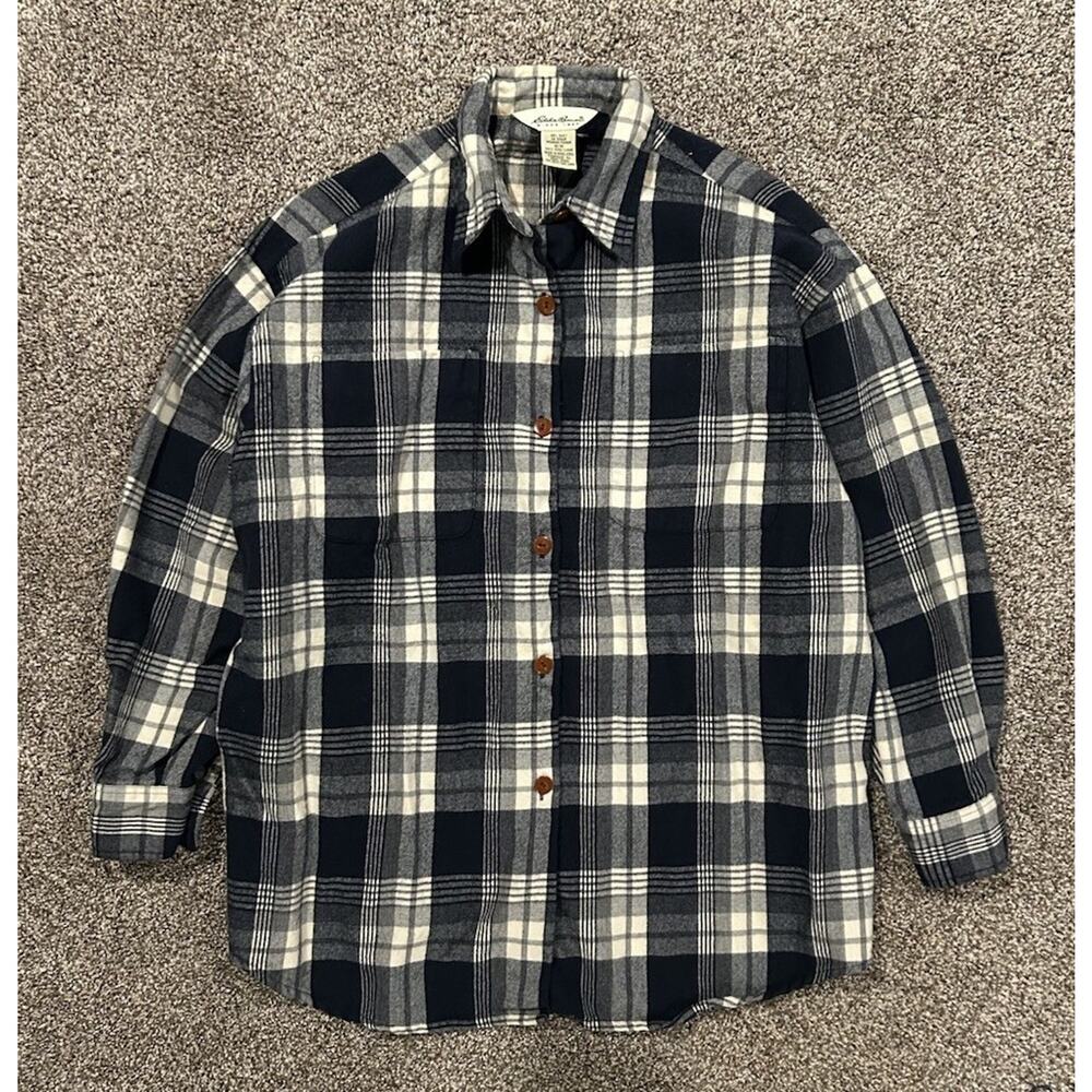 VTG Eddie Bauer 100% Wool Blue White Plaid Button Up Long Sleeve Shirt Women’s M